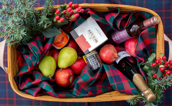 Home Modern and Glasgow Tartan Shepherd's Wool Utility Clothes as part of a gift basket.